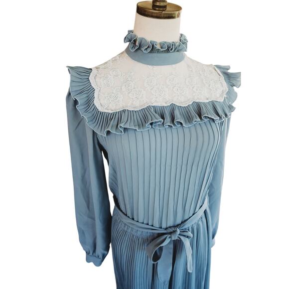 Vintage Sheer Blue Long sleeve Cottagecore Prairie Dress with Lace - Picture 7 of 8